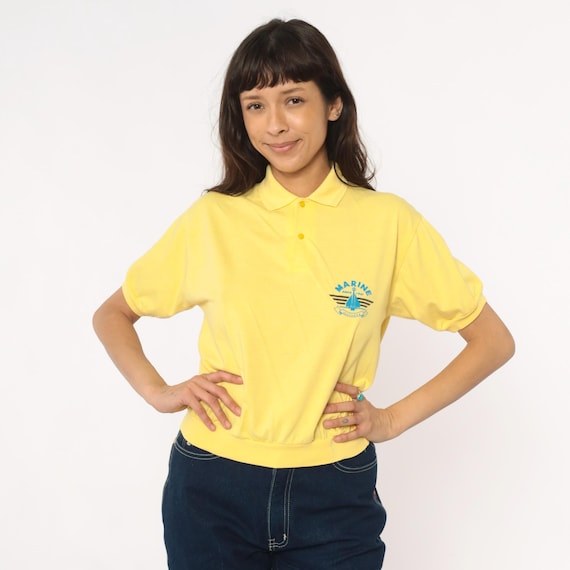 80s Nautical Polo Shirt Yellow Marine Seafarer Preppy Collared Short Sleeve Vintage Golf Tennis Sporty Yacht Sailing Athletic Top Medium M