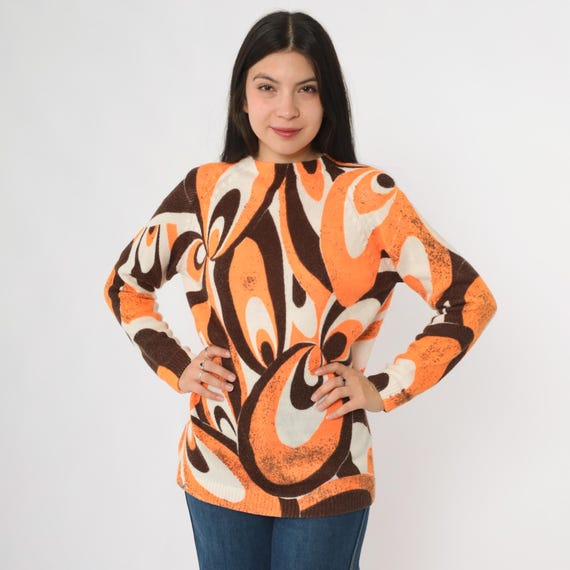 70s Psychedelic Sweater Vintage Sweater Orange Brown Swirl Print Knit Long Sleeve Crew Neck Retro Groovy Mod Pattern Pullover Medium