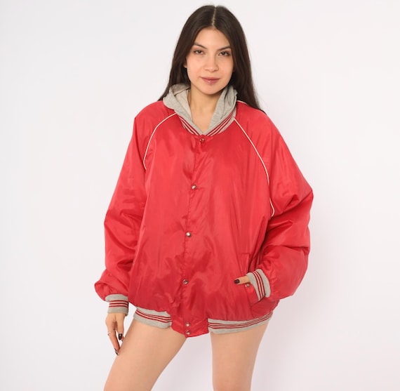 80s Hooded Bomber Jacket Red Grey Snap Front Windbreaker Full Zip Raglan Sleeve Stripe Trim Sporty Outdoor Gorpcore Coat Vintage Medium M
