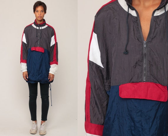Windbreaker Jacket 80s Jacket Half Zip Pullover Color Block Streetwear Striped Brown Blue Hipster Vintage 1980s Extra Large xl 2xl xxl