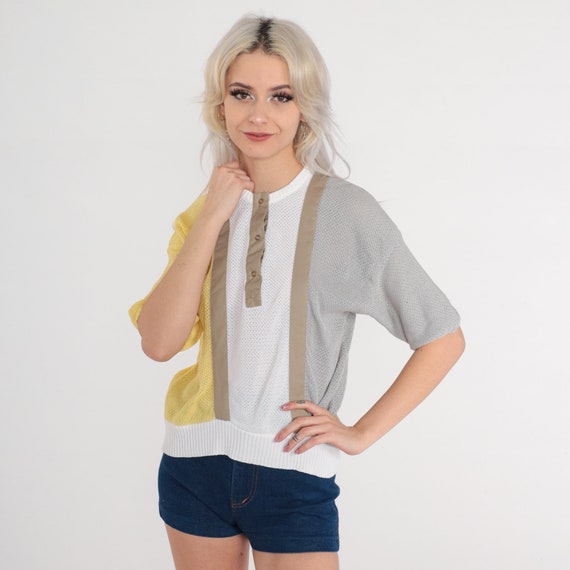 80s Knit Top Sheer Color Block Shirt Yellow White Grey Striped Short Sleeve Sweater Top Taupe Henley Button Up Tee Vintage 1980s Small S