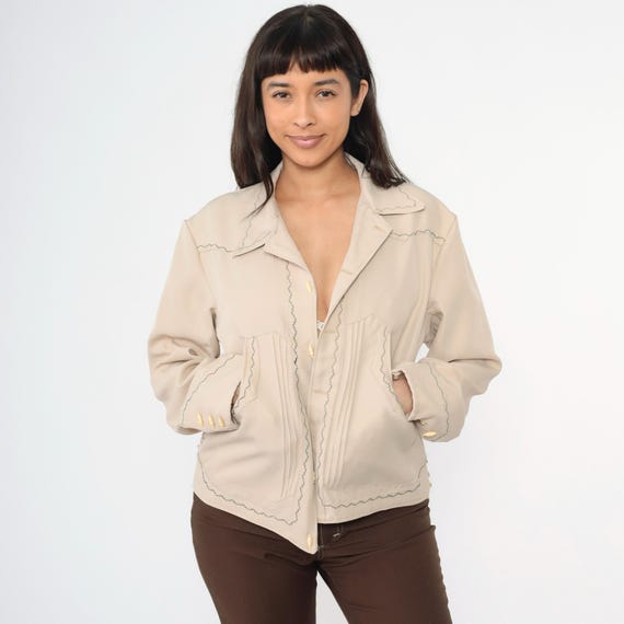 Vintage 70s Western Jacket Beige Embroidered Horse Toggle Button Up Retro Open Front Coat Rodeo Horseshoe Menswear 1970s Men's Large