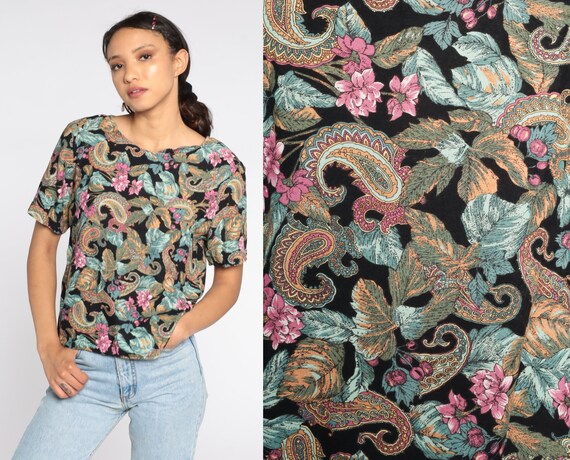 Paisley Floral Blouse 90s Blouse Short Sleeve Top Boho 1990s Vintage Bohemian Rayon Black Small Medium
