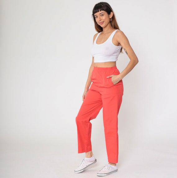 Coral Straight Leg Pants 80s Elastic Waist Trousers Bright Red-Orange High Waisted Trousers 1980s Vintage Summer Slacks Small Medium