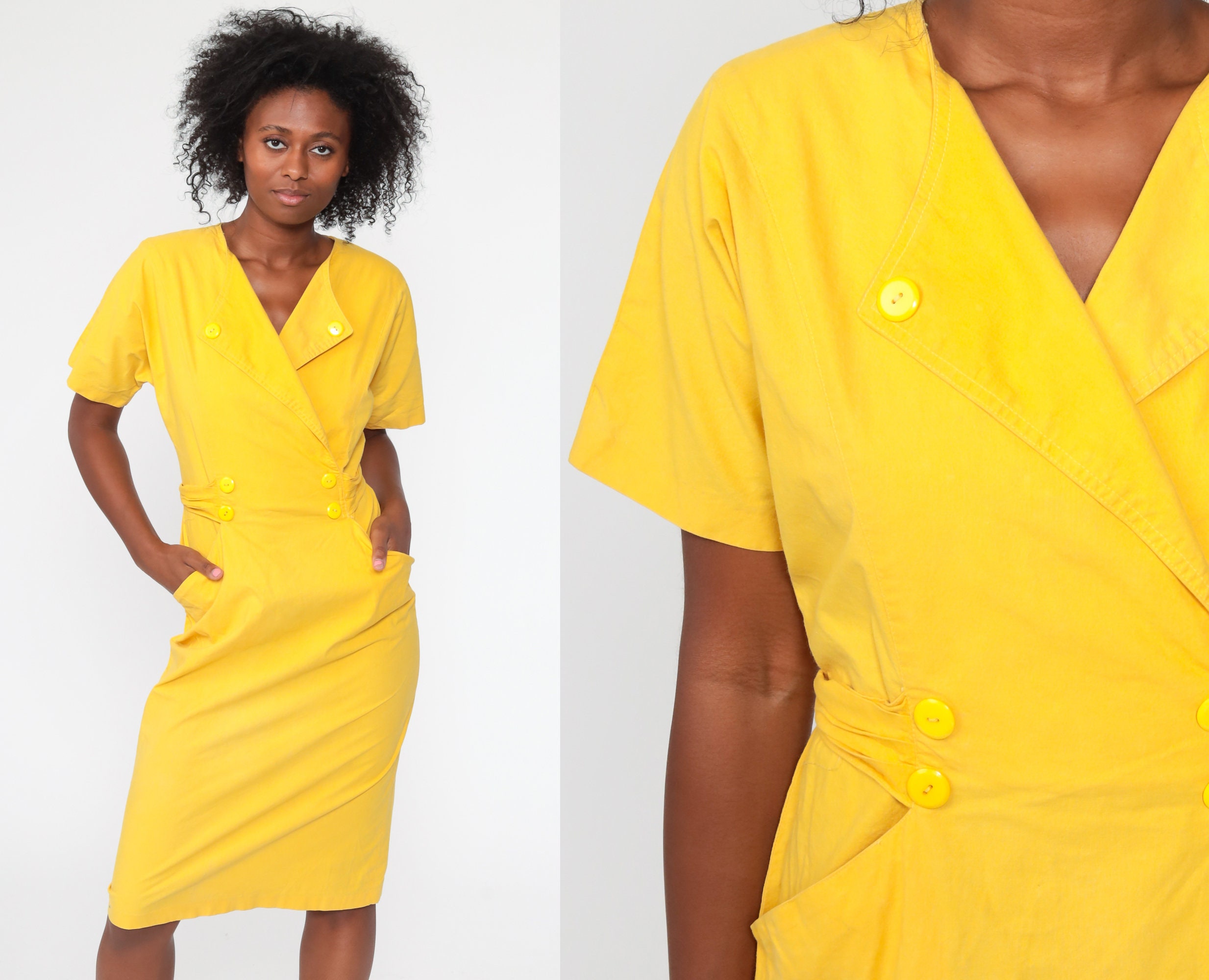 Yellow Wrap Dress 80s High Waisted Midi Dress Pencil Wiggle Dress Bright  Short Sleeve V Neck Plain Secretary 1980s Vintage Medium