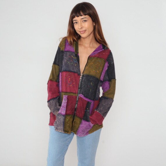 Hippie Jacket Y2K Patchwork Hoodie Zip Up Hooded Sweatshirt Abstract Om Print Sweater Kangaroo Pocket Hood Boho Vintage 00s Extra Large L XL