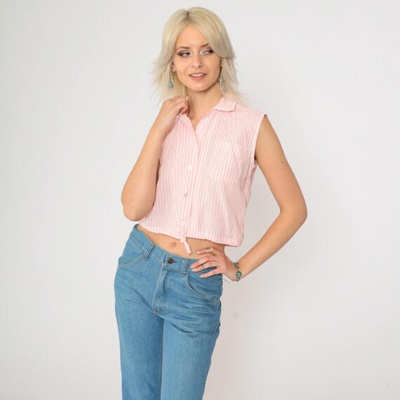 60s Pastel Pink Striped Crop Top Sleeveless Button Down Tank Top Vintage 1960s Drawstring Waist Cropped Shirt Chest Pocket Extra Small xs 32