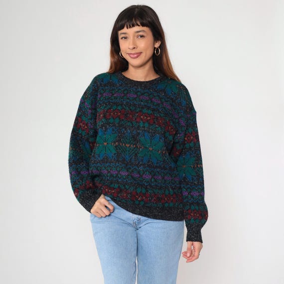 Vintage Nordic Snowflake Sweater 80s Ski Sweater Geometric Fair Isle Sweater Knit Retro Norwegian 1980s Pullover Flecked Charcoal Grey Large