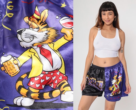 Lounge Party Shorts 90s Satin Purple Black Split Color High Waisted Elastic Waist Plus Size Tiger Streetwear Athletic Extra Extra Large XXL