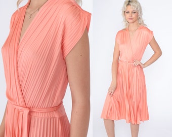 Peach Pink Dress 70s Midi Dress Pleated Faux Wrap Dress Grecian Party Disco Cap Sleeve V Neck High Waisted Belted Retro Vintage 1970s Medium