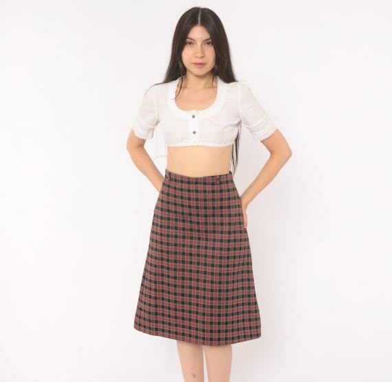 70s Plaid A Line Skirt Black Red Tartan Check Midi High Rise Knee Length Checkered Dark Academia Collegiate Preppy Vintage Womens Medium M