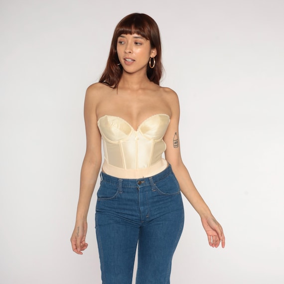 Vintage Bustier Corset 36 B -- Cream Lingerie Bra Boned 80s Strapless Top Sweetheart Neckline 1980s Cinched Waisted 36B Medium M