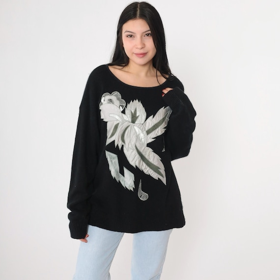 Vintage Metallic Leaf Sweater 80s Silver Silk Knit Angora Pullover Sweater Sparkly Print Jumper Retro Holiday Party 1980s Medium 40