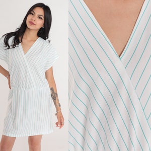 White Striped Dress 80s Mini Dress V Neck Faux Wrap Day Dress Blue Pinstripe Retro Casual Short Sleeve High Waist Vintage 1980s Medium Large image 1