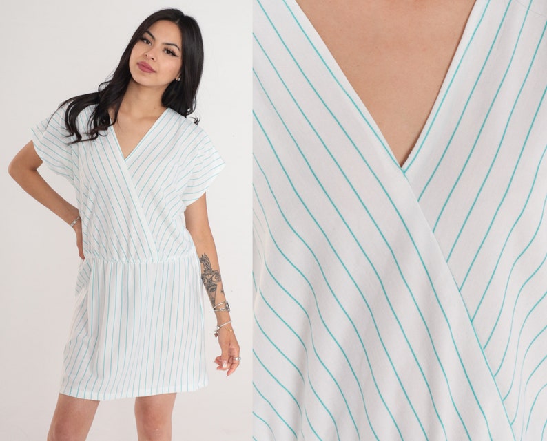 White Striped Dress 80s Mini Dress V Neck Faux Wrap Day Dress Blue Pinstripe Retro Casual Short Sleeve High Waist Vintage 1980s Medium Large image 1