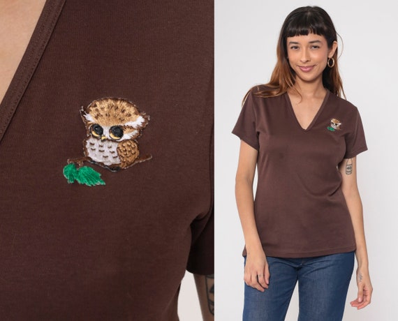 70s Owl Shirt Brown Animal Patch T Shirt Graphic Tee Retro Vintage 1970s V Neck Short Sleeve T Shirt Medium Large