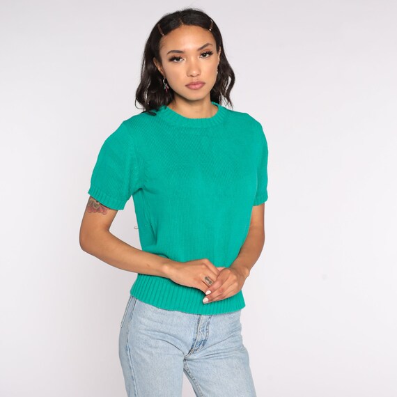 Green Knit Shirt 90s Cotton Knit Top Short Sleeve… - image 2