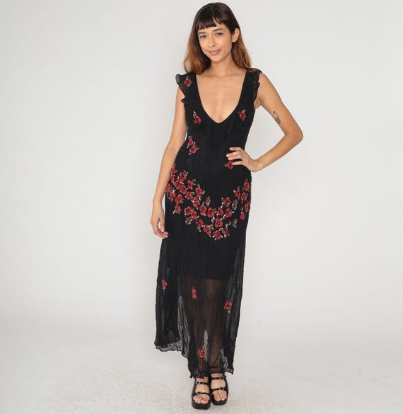 Y2K Sue Wong Evening Gown Black Floral Sequin Beaded Maxi Dress Deep V Neck Silk Red Cocktail Formal Party Ruffle Sleeveless Vintage Small S