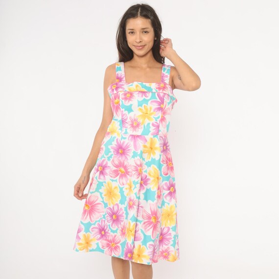 90s Floral Sundress Pink Yellow Daisy Print Square Neck Cotton Summer Sleeveless Garden Party Flower Power Sky Blue Lilac Scarlett Medium M