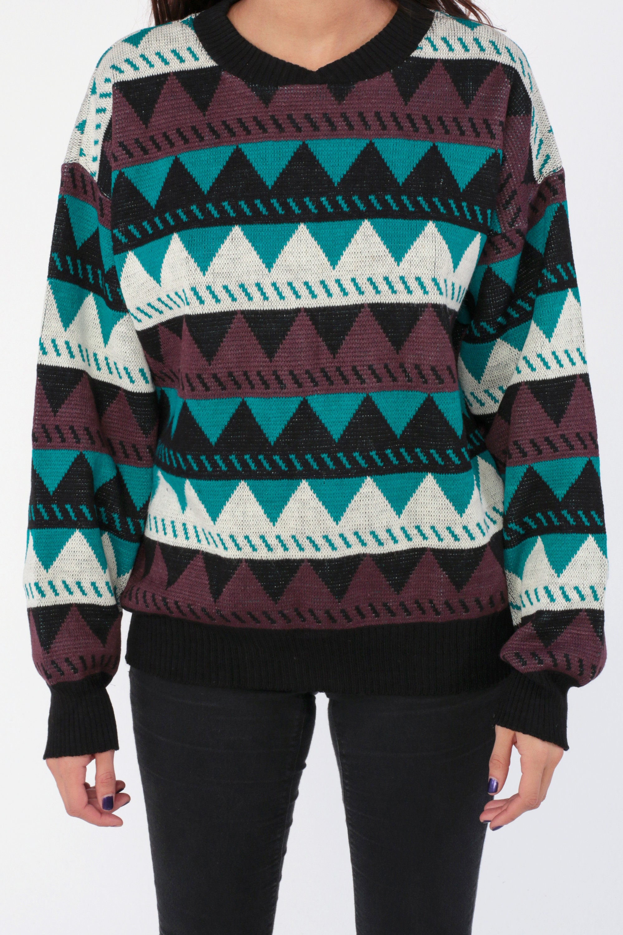 Geometric Striped Sweater 80s Zig Zag Sweater Black Turquoise Tribal