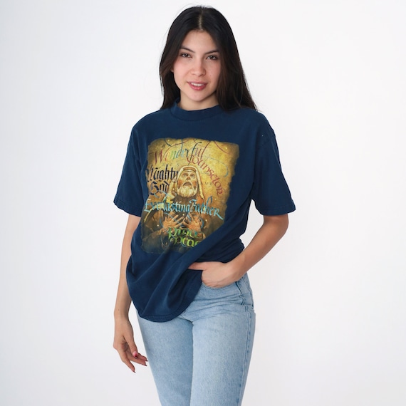 Y2k Jesus Shirt Prince of Peace Christian Tshirt Navy Blue Religious T-shirt Retro Mighty God Church Graphic Tee Shirt Vintage 00s Medium