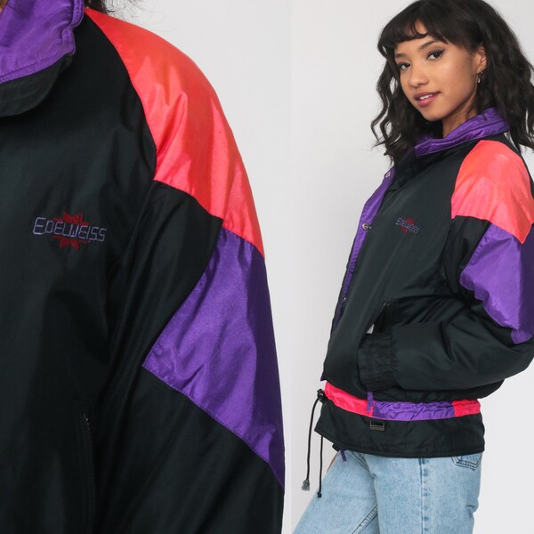 Edelweiss Ski Jacket NEON Winter Coat Swiss DOWN Ski Jacket 90s Black Puffy Jacket Puffer Coat Retro Puff 1990s Sportswear Small Medium