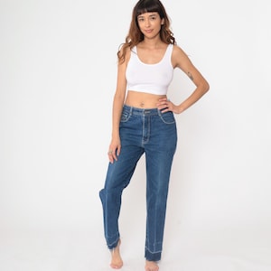 High Waisted Jeans 80s Vintage Jordache Denim Mom Jeans Straight Leg Raw Hem Cotton Blue Medium Waist Retro Western Embroidered Size 33