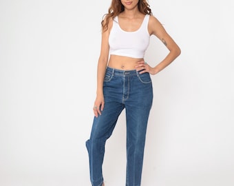 Vaqueros de cintura alta, estilo vintage de los años 80, estilo Jordache, estilo mom, pierna recta, dobladillo sin rematar, algodón azul, cintura media, estilo retro occidental, bordado, talla 33