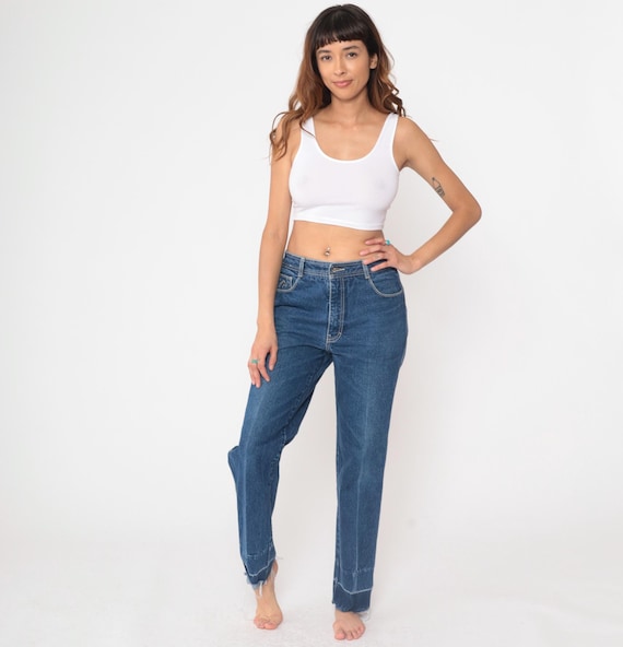 High Waisted Jeans 80s Vintage Jordache Denim Mom Jeans Straight Leg Raw Hem Cotton Blue Medium Waist Retro Western Embroidered Size 33