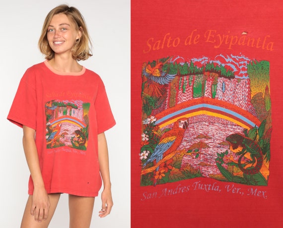Mexico T-Shirt 90s San Andres Tuxtla Shirt Salto De Eyipantla Waterfall Rainbow Parrot Lizard Graphic Tee Travel Tourist Vintage 1990s Large