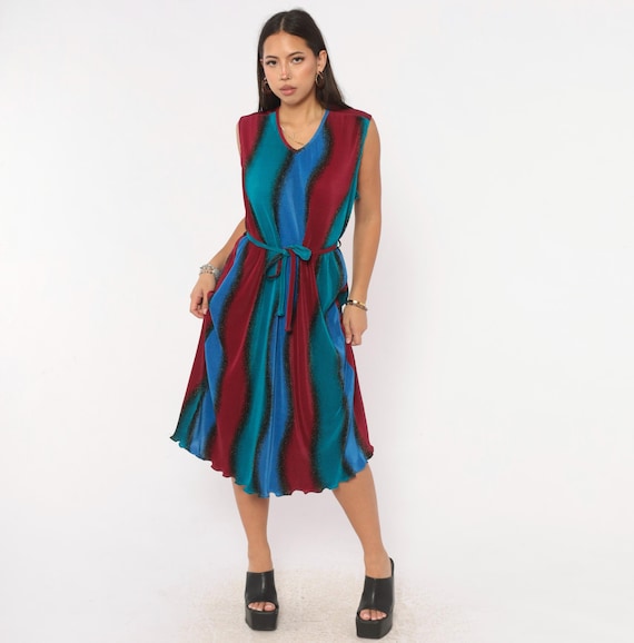 90s Plisse Pleated Dress Cobalt Blue Teal Burgundy Ombre Sleeveless V Neck Tie Waist A Line Grunge Alt Jewel Tones Womens Vintage Large L