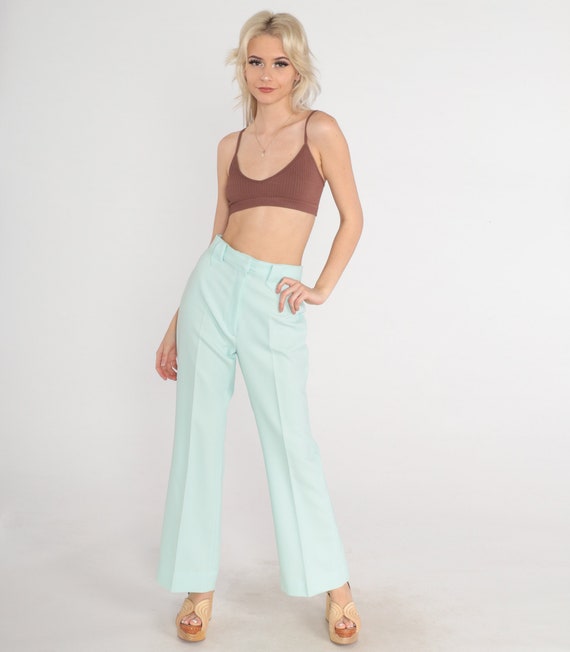 Mint Trousers 70s Flare Leg Pants High Waisted Rise Creased Seventies Bell Bottoms Western Pastel Vintage 1970s Panhandle Slim Small S 27