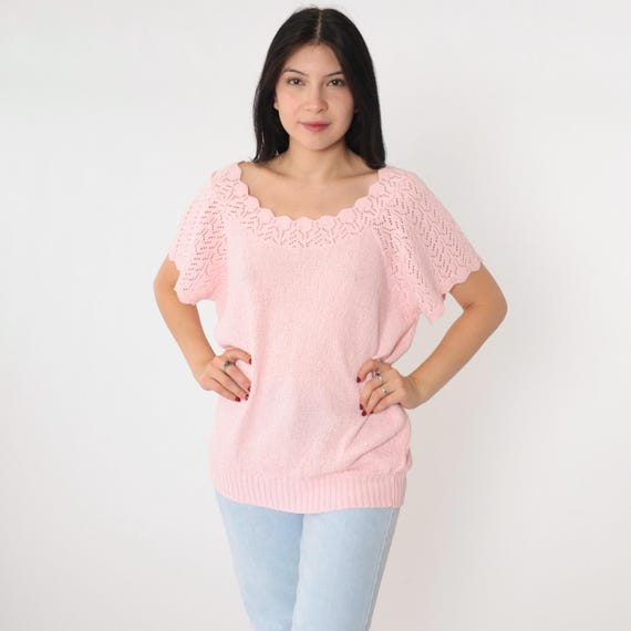 80s Sweater Top Baby Pink Pointelle Knit Crochet Blouse Scalloped Cutout Top Pastel Short Raglan Sleeve Acrylic Vintage 1980s Medium Large
