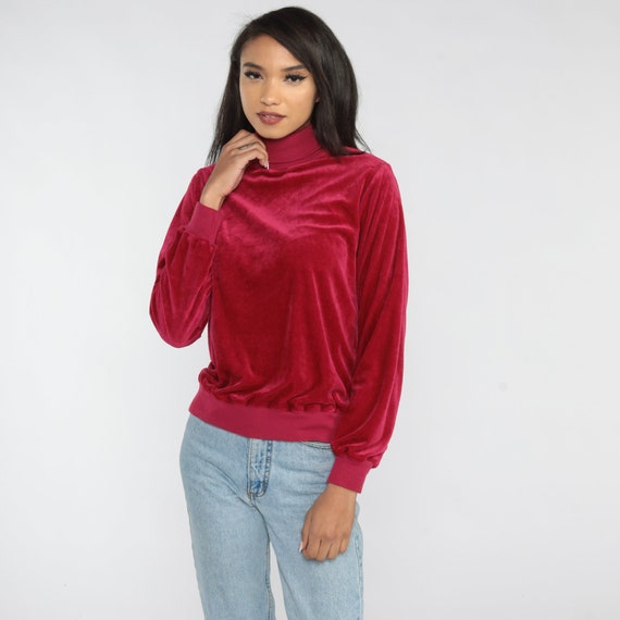 Raspberry Red Velour Sweatshirt 80s Turtleneck Sw… - image 2