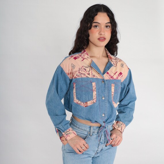 Denim Crop Top Sasson Western Jean Blouse 90s Shirt Tie Waist Button Up Top Vintage 1990s Long Sleeve Blue Geometric Yoke Medium