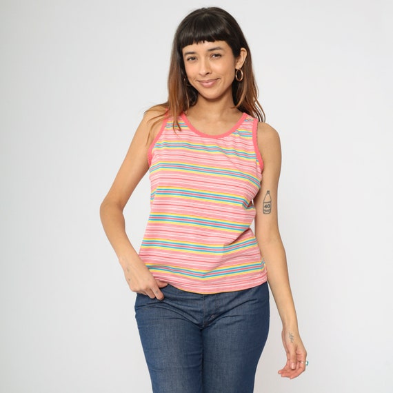 90s Striped Tank Top Pink Yellow Blue Tank Top Retro Shirt Sleeveless Top 1990s Bright Hipster Ringer Tee Vintage Large