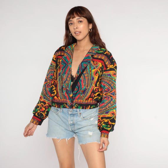 Paisley Bomber Jacket 90s Ornate Print Zip Front Long Sleeve Vintage Baroque Scrollwork Colorful Statement Piece Maximalist Art Medium M