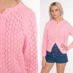 Pink Pointelle Cardigan Sweater 70s Open Weave Sheer Bright Pink Sweater Vintage Acrylic Knit 80s Slouchy Grandma Slouch Small image 1