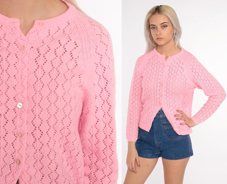 Pink Pointelle Cardigan Sweater 70s Open Weave Sheer Bright Pink Sweater Vintage Acrylic Knit 80s Slouchy Grandma Slouch Small image 1