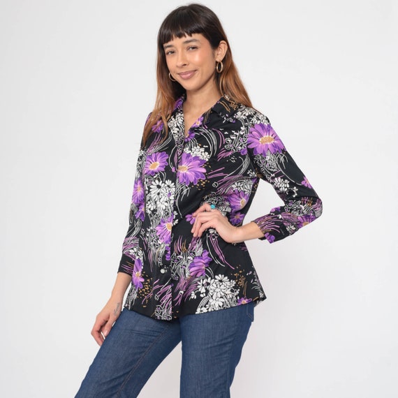 70s Floral Blouse Disco Boho Shirt Black Purple Flower Print Button Up Top 1970s Hippie Vintage Dagger Collar Long Sleeve Medium
