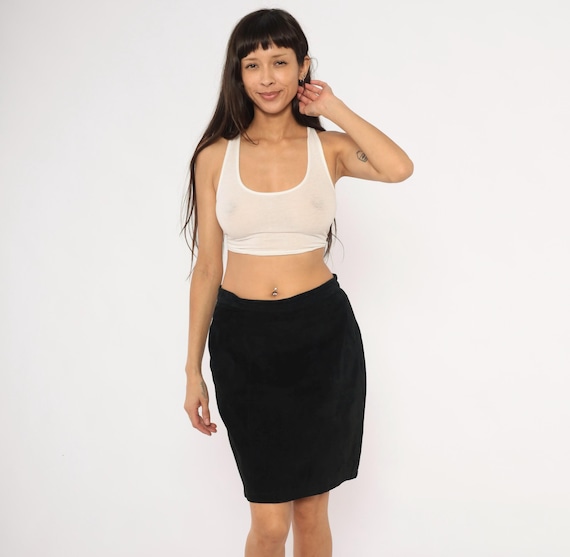 90s Black Suede Skirt Leather Pencil Mini Fitted High Waist Onyx Jet Dark Academia Vintage Minimalist Office Knee Length Women Medium M