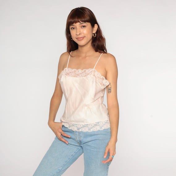 Pink Lace Camisole 80s Cami Lingerie Tank Top Lace Trim Spaghetti Strap Romantic Sleep Shirt Vintage 1980s Halston Medium Large