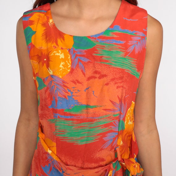 Tropical Floral Dress 80s Mini Orange Wrap Dress … - image 7
