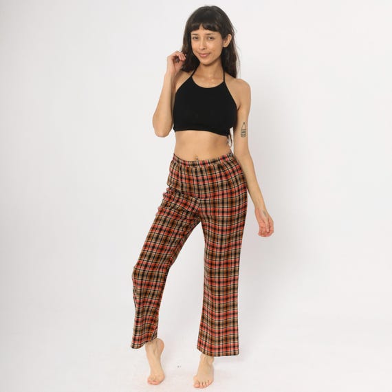 70s Plaid Pants Wide Leg Cropped High Waisted Brown Orange Black Checkered Vintage Ankle Length Trousers Grunge 1970s Preppy Style Small S