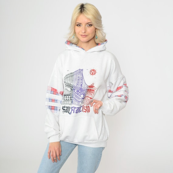 Vintage 90s San Francisco Sweatshirt Chinatown Hoodie California Hooded Heather White Hood SF CA Kangaroo Pocket 1990s Tourist Large xl