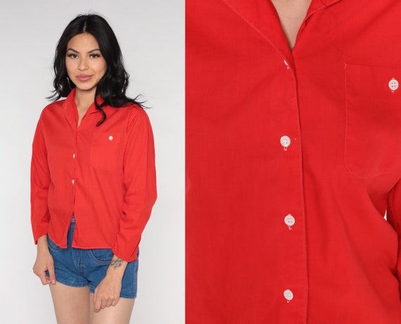 70s Red Shirt Long Sleeve Shirt Oxford Shirt Button Up Blouse Disco Shirt Plain Shirt Vintage Hipster Collared Cotton Blend Small S