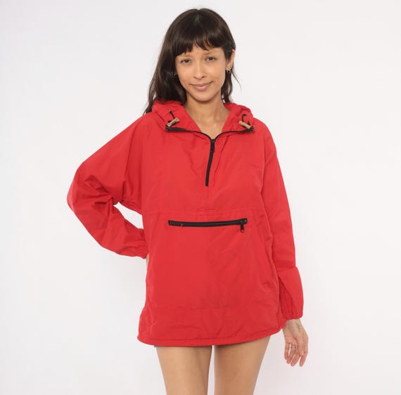 80s Red L.L.Bean Anorak Half Zip Pullover Windbreaker Hooded Rain Jacket Kangaroo Pocket Hiking Outdoor Camping Trail Gorpcore Coat Medium M