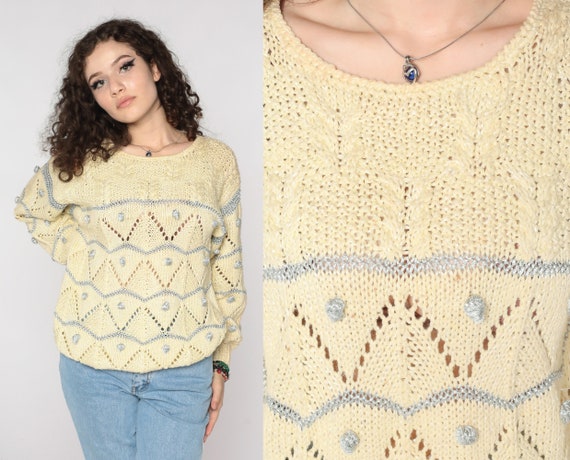 Metallic Cream Sweater Sparkly Silver Sweater 80s 90s Sheer Pointelle Knit Metallic Pullover 1980s Vintage Holiday Cable Knit Sweater Medium