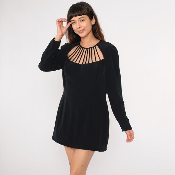 90s Black Party Dress Beaded Cage Neckline Strappy Sheath Dress Sexy Mini Cocktail Formal Long sleeve Vintage Large L