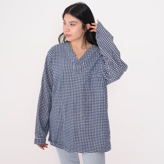 Checkered Tunic Top 80s Blouse Long Sleeve Shirt V-Neck Chest Pocket Retro Casual V Neck Simple Longline Cotton Vintage 1980s Extra Large xl